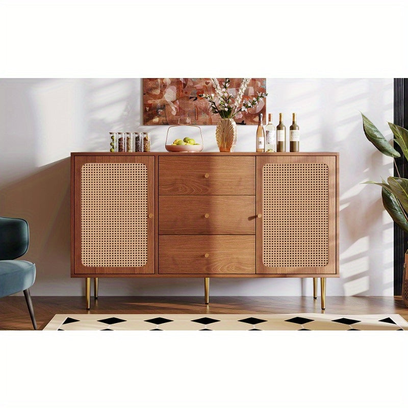 Rattan Sideboard Cabinet for Living Room, Chest of Drawers with with 2 doors and 3 drawers, Adjustable shelf, Walnut -90H/150W/40D cm