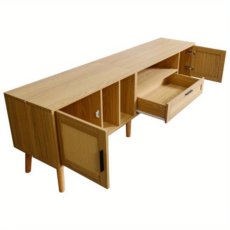 Spacious 180 cm TV cabinet with rattan decoration, 2 doors and a drawer, solid wood legs, offers space for an 80 inch TV, TV storage cabinet, TV cabinet
