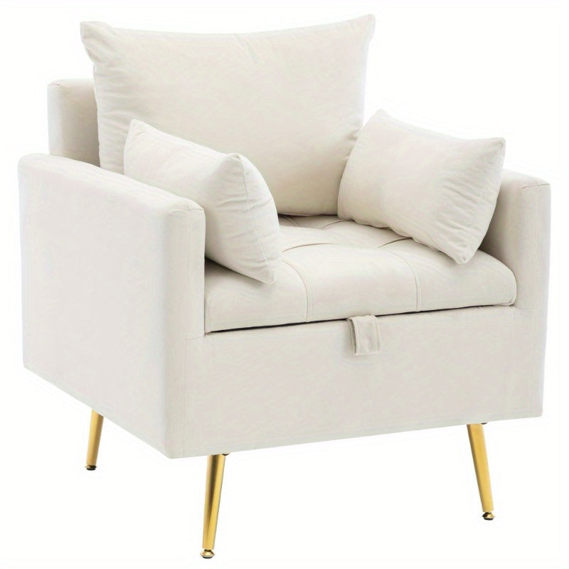 Single Sofa Chair with Storage Space and Decorative Cushions, Extra Large Upholstered Ottoman with Golden Legs, Modern Leisure Chair for Living Room, Bedroom, Office, Beige