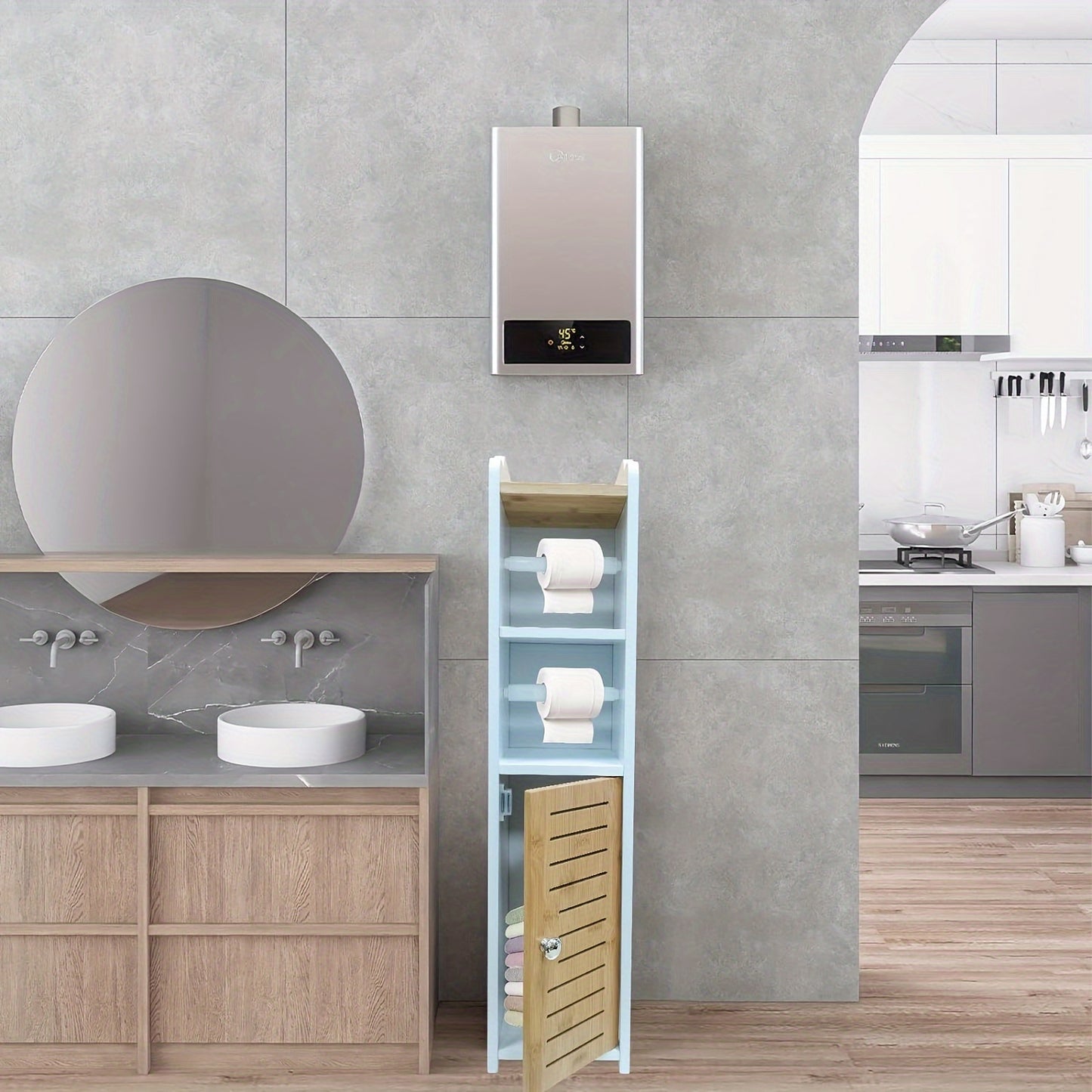 Narrow Bathroom Cabinet Toilet Paper Towel Storage Shelf with Two Paper Holders, Toilet Roll Holders for Small Space Behind Toilet Storage for Restroom Cabinet