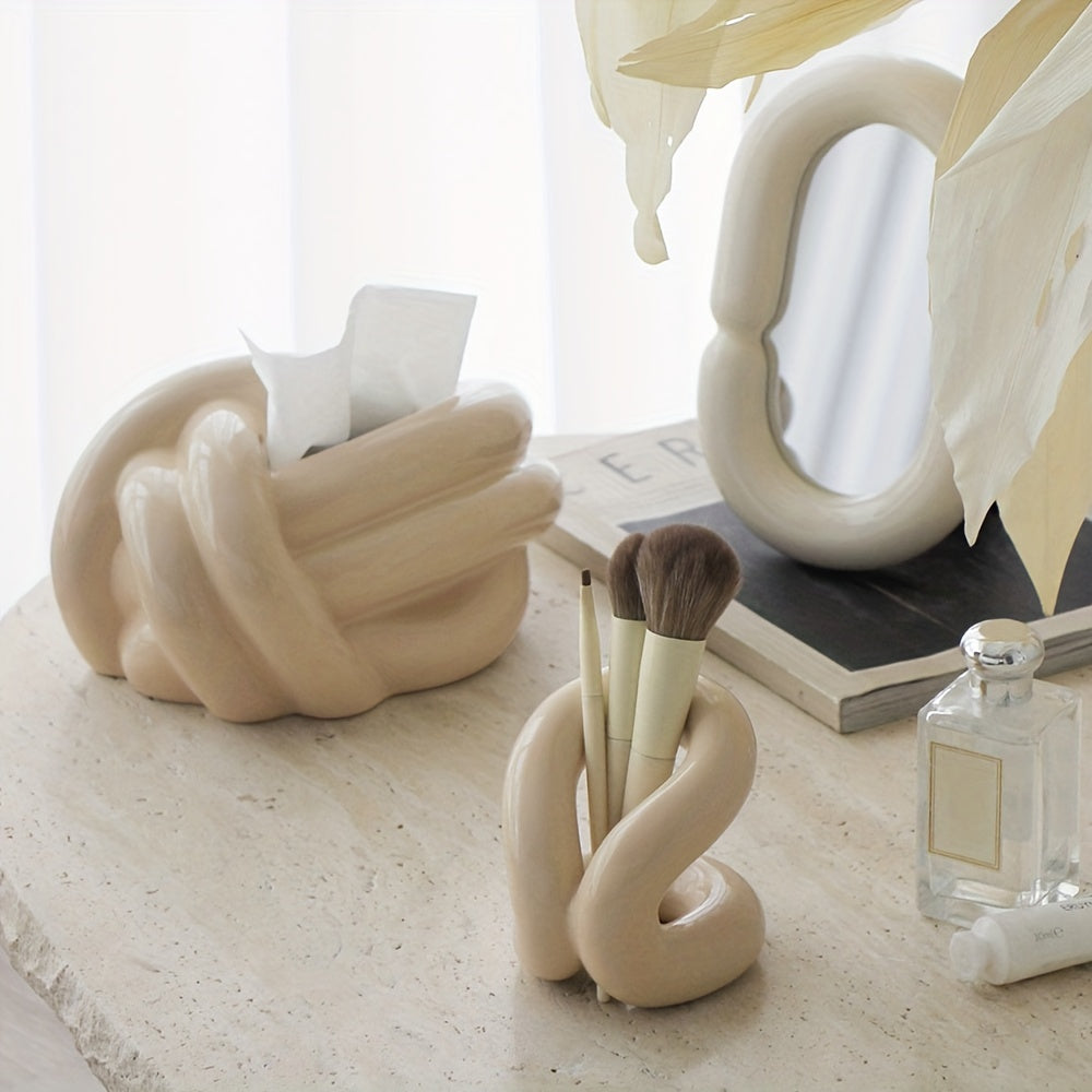 Modern Art Style Ceramic Makeup Brush Holder, Toothbrush And Toothpaste Stand, Minimalist Desktop Storage Rack For Bedroom And Bathroom