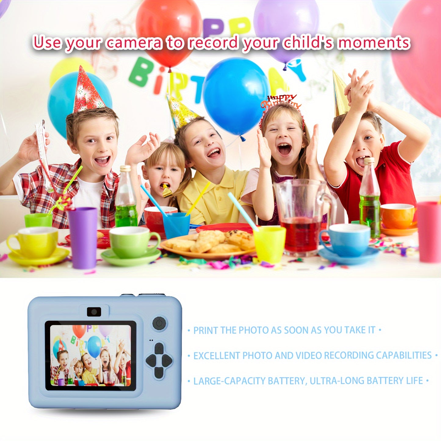 Instant Print Kids Camera 720P HD, USB Rechargeable Digital Camera with IPS Screen, Non-Waterproof Plastic Body, Lithium Polymer Battery 1500mAh, for Ages 3-12, Includes 3 Rolls of Photo Paper