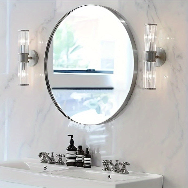 1pc Coastal Theme Round Wall Mirror, Polished Finish Stainless Steel Frame, Unscented, Wall Mount Decorative Mirror for Bathroom, Bedroom, Vanity, Makeup, Portable Design, Metal, No Power or Battery Needed