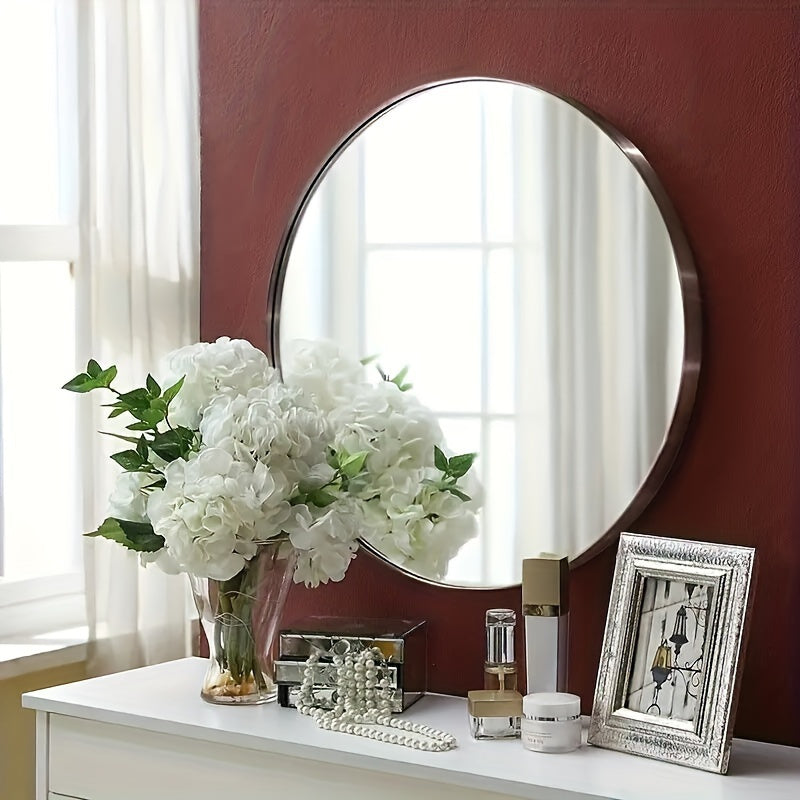 1pc Coastal Theme Round Wall Mirror, Polished Finish Stainless Steel Frame, Unscented, Wall Mount Decorative Mirror for Bathroom, Bedroom, Vanity, Makeup, Portable Design, Metal, No Power or Battery Needed