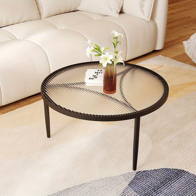 Minimalist Metal Frame Round Coffee Table with Tempered Glass Top - Reception Room Furniture, Three-Legged Design.