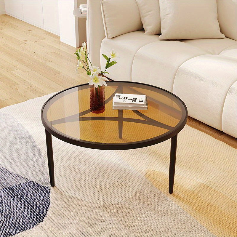 Minimalist Metal Frame Round Coffee Table with Tempered Glass Top - Reception Room Furniture, Three-Legged Design.