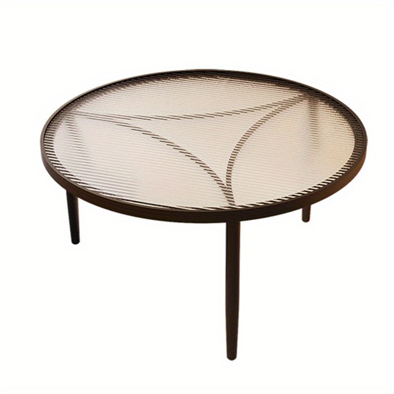 Minimalist Metal Frame Round Coffee Table with Tempered Glass Top - Reception Room Furniture, Three-Legged Design.