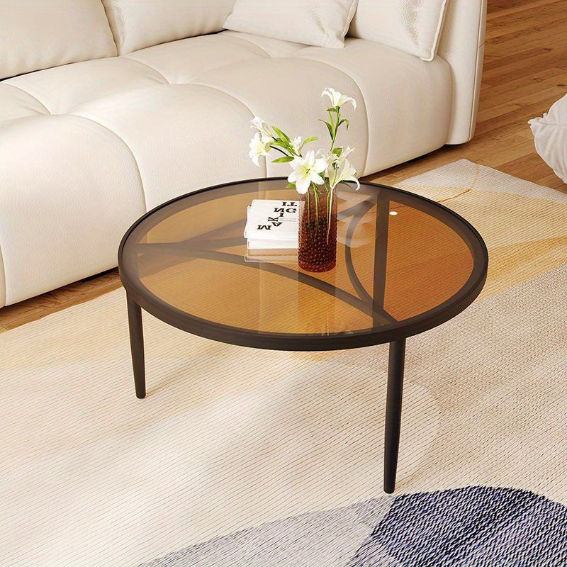 Minimalist Metal Frame Round Coffee Table with Tempered Glass Top - Reception Room Furniture, Three-Legged Design.