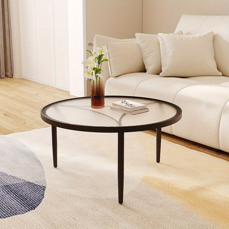 Minimalist Metal Frame Round Coffee Table with Tempered Glass Top - Reception Room Furniture, Three-Legged Design.