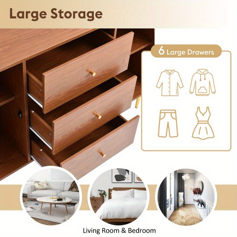 Rattan Sideboard Cabinet for Living Room, Chest of Drawers with with 2 doors and 3 drawers, Adjustable shelf, Walnut -90H/150W/40D cm