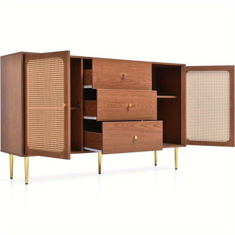 Rattan Sideboard Cabinet for Living Room, Chest of Drawers with with 2 doors and 3 drawers, Adjustable shelf, Walnut -90H/150W/40D cm
