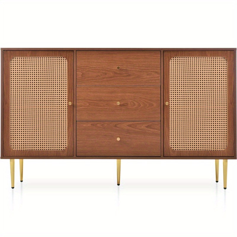 Rattan Sideboard Cabinet for Living Room, Chest of Drawers with with 2 doors and 3 drawers, Adjustable shelf, Walnut -90H/150W/40D cm