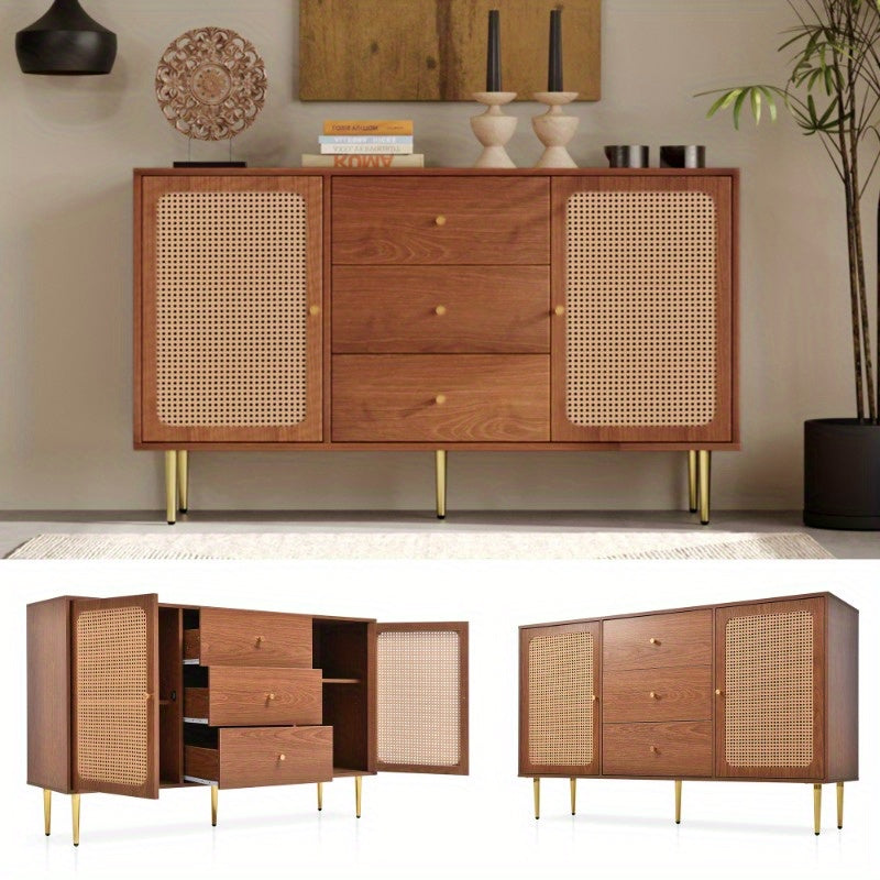 Rattan Sideboard Cabinet for Living Room, Chest of Drawers with with 2 doors and 3 drawers, Adjustable shelf, Walnut -90H/150W/40D cm