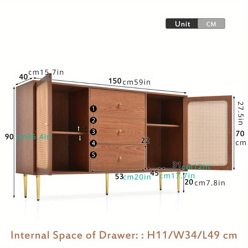 Rattan Sideboard Cabinet for Living Room, Chest of Drawers with with 2 doors and 3 drawers, Adjustable shelf, Walnut -90H/150W/40D cm