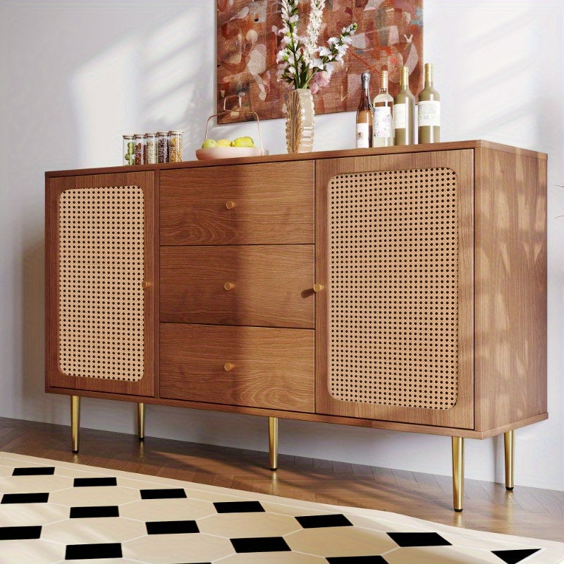 Rattan Sideboard Cabinet for Living Room, Chest of Drawers with with 2 doors and 3 drawers, Adjustable shelf, Walnut -90H/150W/40D cm