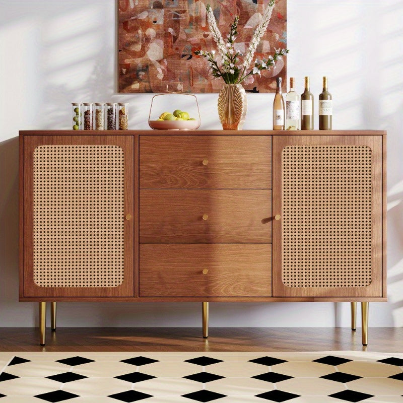 Rattan Sideboard Cabinet for Living Room, Chest of Drawers with with 2 doors and 3 drawers, Adjustable shelf, Walnut -90H/150W/40D cm