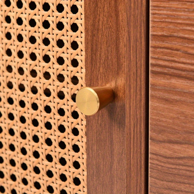 Rattan Sideboard Cabinet for Living Room, Chest of Drawers with with 2 doors and 3 drawers, Adjustable shelf, Walnut -90H/150W/40D cm