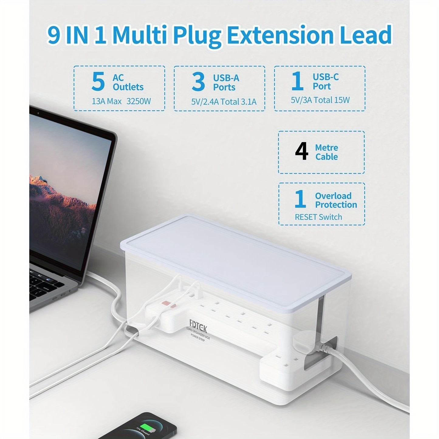 Extension Lead 4M with USB C Slots Cable Tidy Box, FDTEK 5 Way Plug Extension Socket with 4 USB Ports Cable Management Box, Power Strip with Switch 4 Metre Cord Plug Tidy Box large White