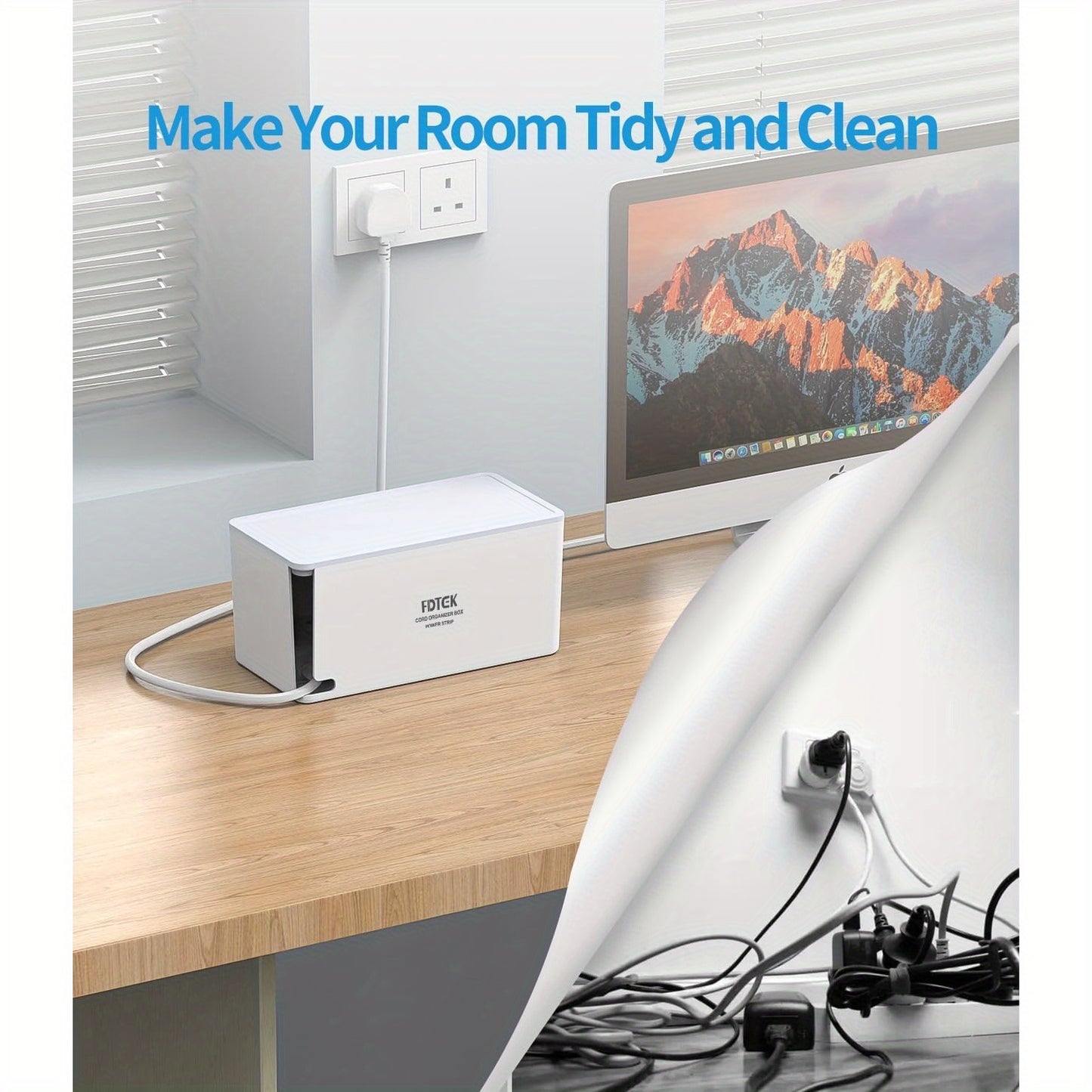Extension Lead 4M with USB C Slots Cable Tidy Box, FDTEK 5 Way Plug Extension Socket with 4 USB Ports Cable Management Box, Power Strip with Switch 4 Metre Cord Plug Tidy Box large White