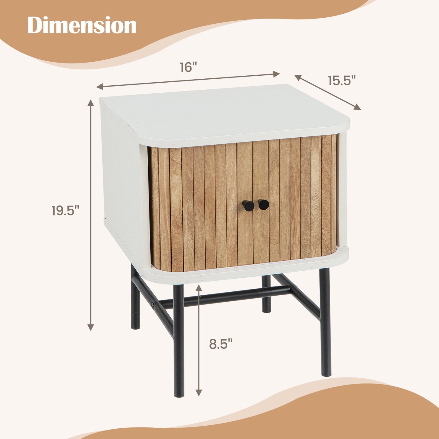 Costway Sliding Door Nightstand Mid-century Storage End Table w/Cabinet Distressed White