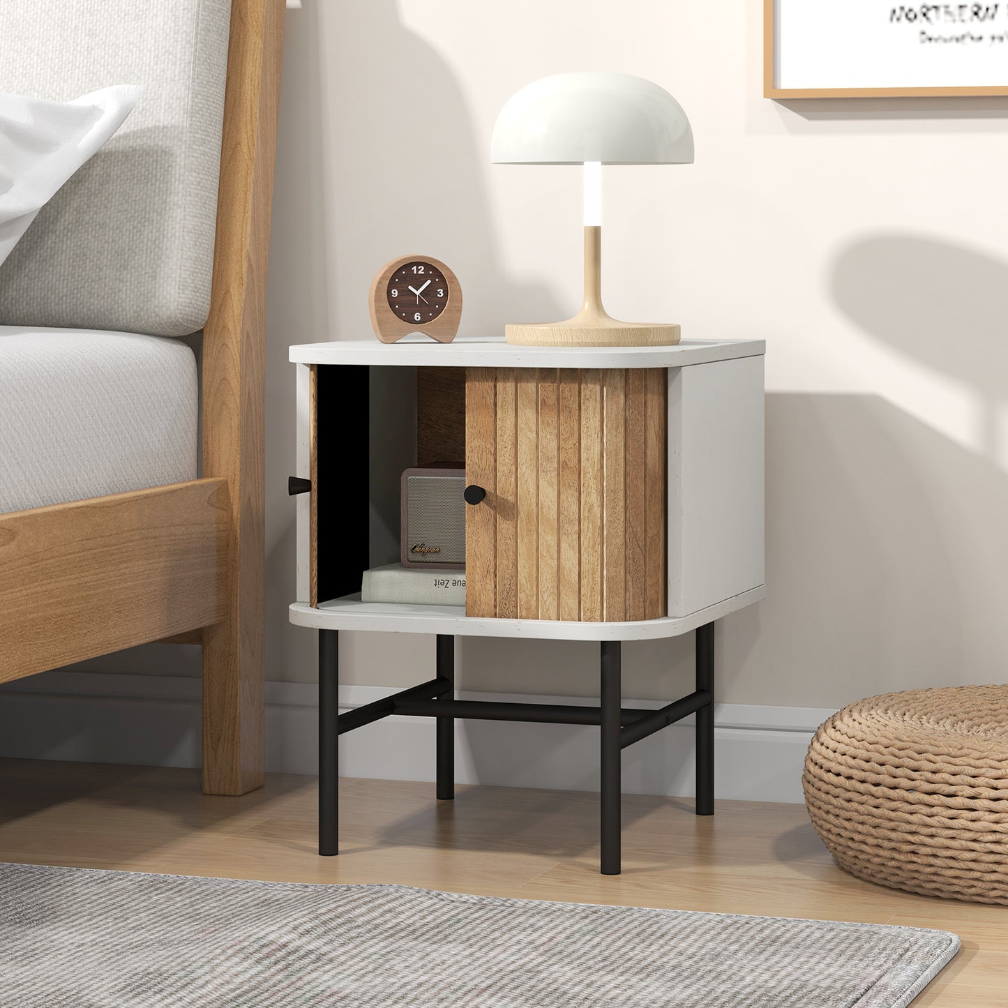 Costway Sliding Door Nightstand Mid-century Storage End Table w/Cabinet Distressed White