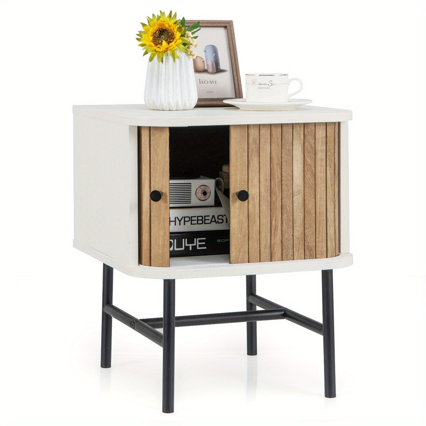 Costway Sliding Door Nightstand Mid-century Storage End Table w/Cabinet Distressed White