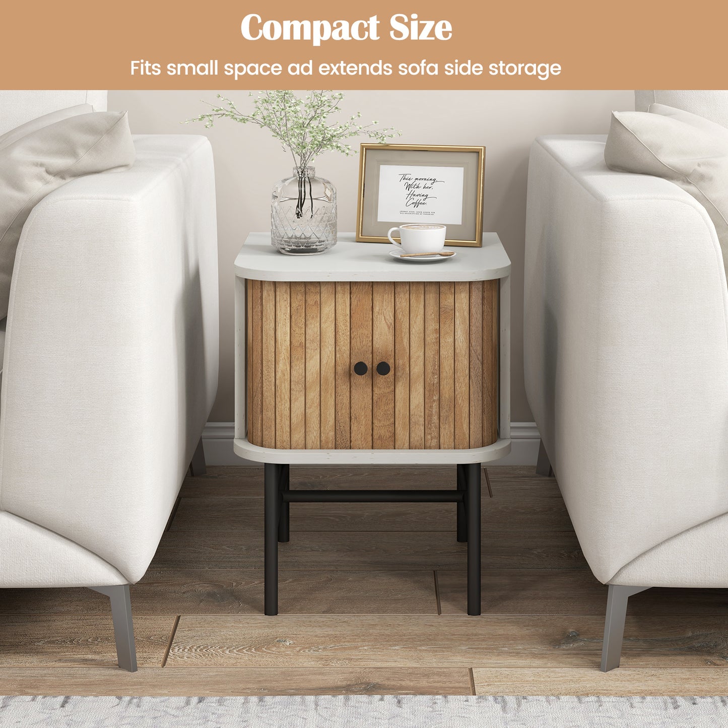 Costway Sliding Door Nightstand Mid-century Storage End Table w/Cabinet Distressed White