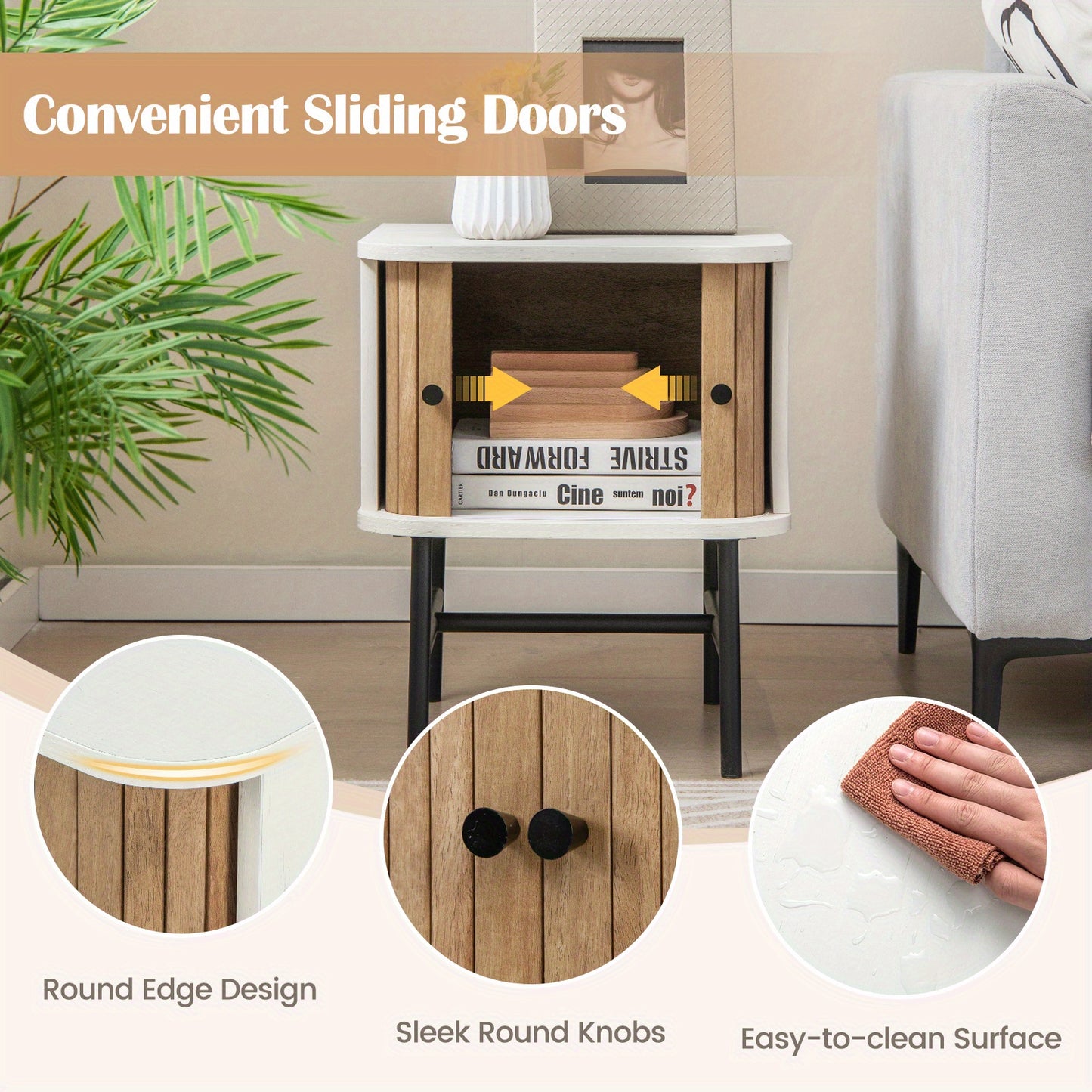 Costway Sliding Door Nightstand Mid-century Storage End Table w/Cabinet Distressed White