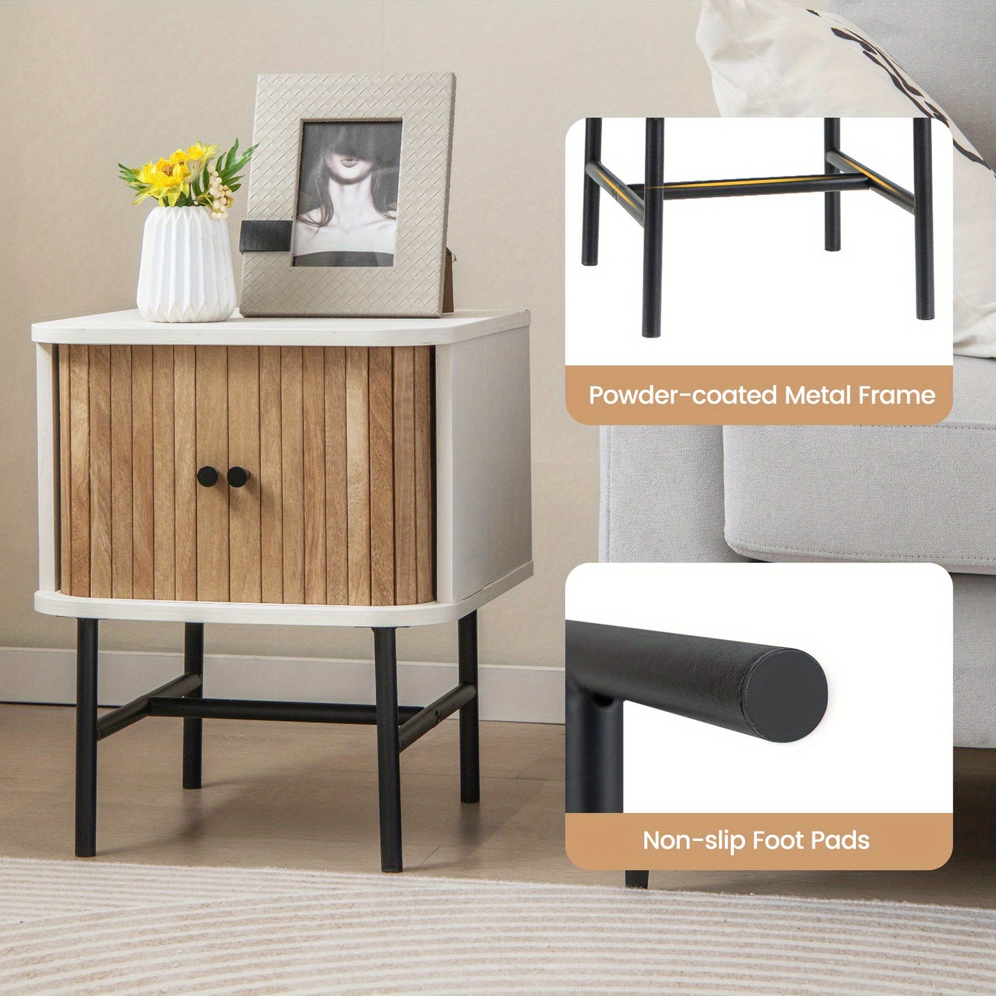 Costway Sliding Door Nightstand Mid-century Storage End Table w/Cabinet Distressed White