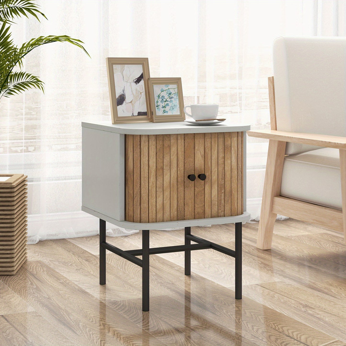 Costway Sliding Door Nightstand Mid-century Storage End Table w/Cabinet Distressed White