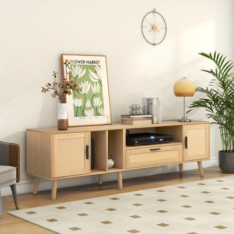 Spacious 180 cm TV cabinet with rattan decoration, 2 doors and a drawer, solid wood legs, offers space for an 80 inch TV, TV storage cabinet, TV cabinet