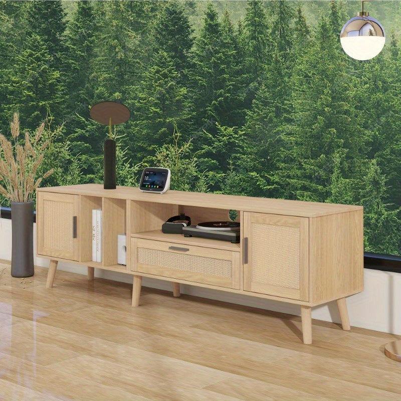 Spacious 180 cm TV cabinet with rattan decoration, 2 doors and a drawer, solid wood legs, offers space for an 80 inch TV, TV storage cabinet, TV cabinet