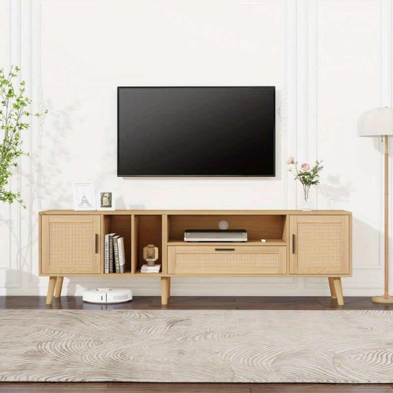 Spacious 180 cm TV cabinet with rattan decoration, 2 doors and a drawer, solid wood legs, offers space for an 80 inch TV, TV storage cabinet, TV cabinet