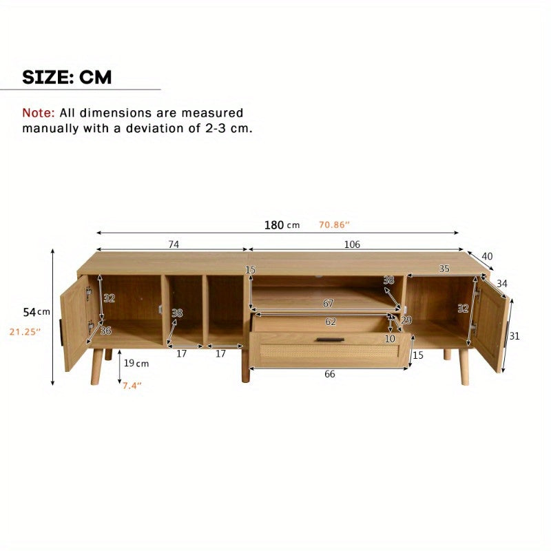 Spacious 180 cm TV cabinet with rattan decoration, 2 doors and a drawer, solid wood legs, offers space for an 80 inch TV, TV storage cabinet, TV cabinet