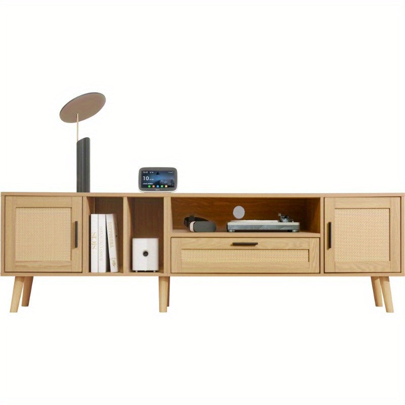Spacious 180 cm TV cabinet with rattan decoration, 2 doors and a drawer, solid wood legs, offers space for an 80 inch TV, TV storage cabinet, TV cabinet