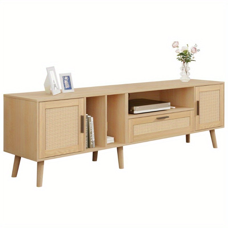 Spacious 180 cm TV cabinet with rattan decoration, 2 doors and a drawer, solid wood legs, offers space for an 80 inch TV, TV storage cabinet, TV cabinet