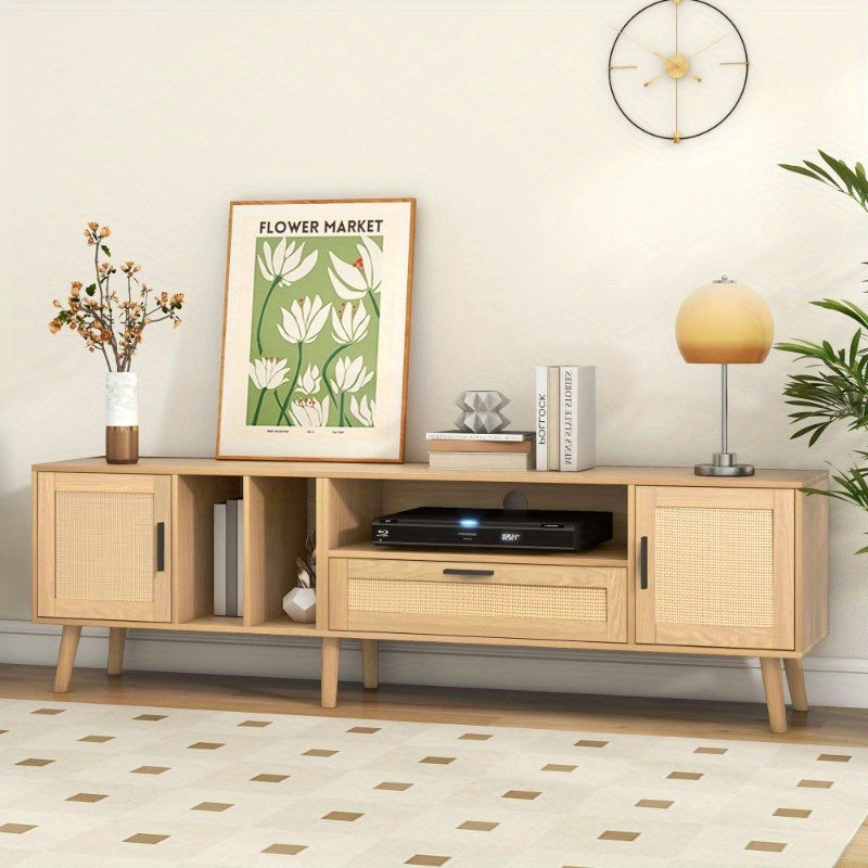 Spacious 180 cm TV cabinet with rattan decoration, 2 doors and a drawer, solid wood legs, offers space for an 80 inch TV, TV storage cabinet, TV cabinet
