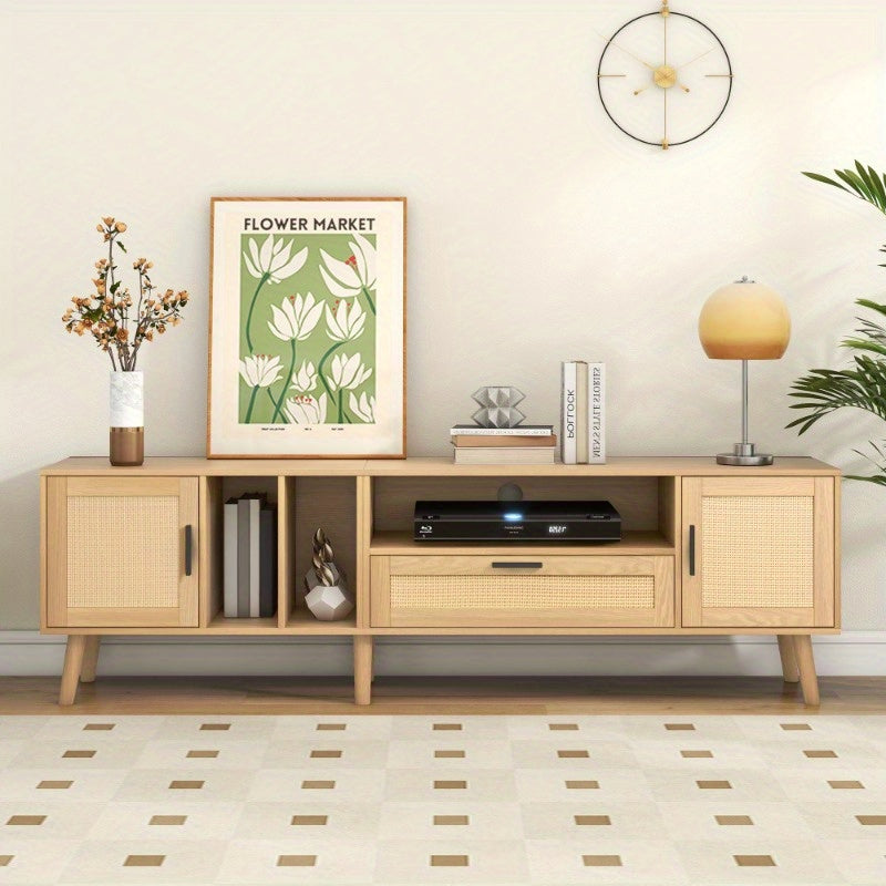 Spacious 180 cm TV cabinet with rattan decoration, 2 doors and a drawer, solid wood legs, offers space for an 80 inch TV, TV storage cabinet, TV cabinet