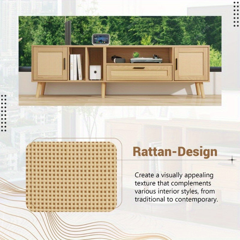 Spacious 180 cm TV cabinet with rattan decoration, 2 doors and a drawer, solid wood legs, offers space for an 80 inch TV, TV storage cabinet, TV cabinet