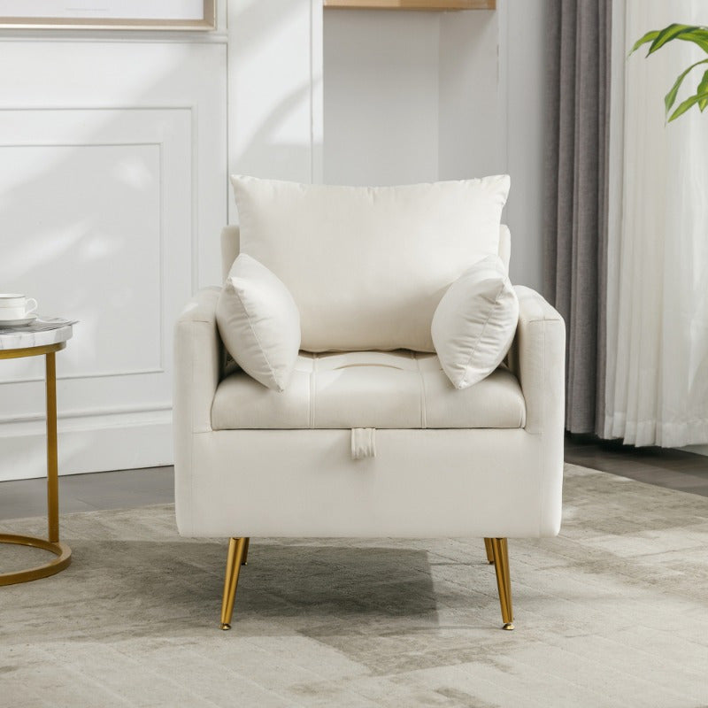 Single Sofa Chair with Storage Space and Decorative Cushions, Extra Large Upholstered Ottoman with Golden Legs, Modern Leisure Chair for Living Room, Bedroom, Office, Beige