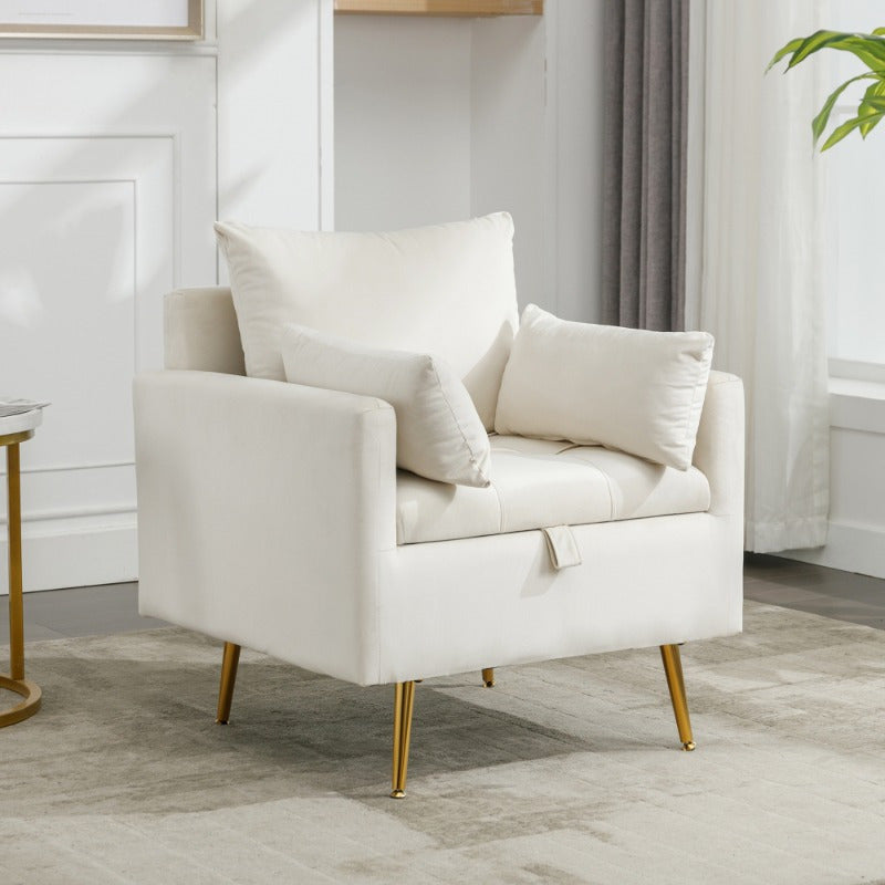 Single Sofa Chair with Storage Space and Decorative Cushions, Extra Large Upholstered Ottoman with Golden Legs, Modern Leisure Chair for Living Room, Bedroom, Office, Beige