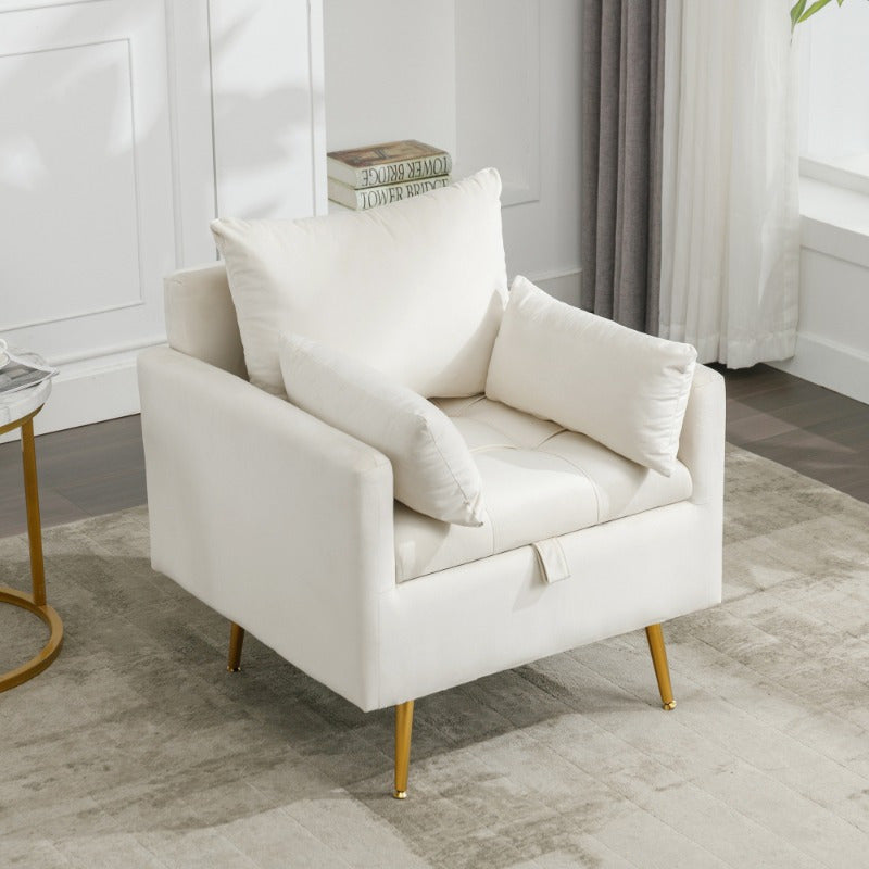 Single Sofa Chair with Storage Space and Decorative Cushions, Extra Large Upholstered Ottoman with Golden Legs, Modern Leisure Chair for Living Room, Bedroom, Office, Beige