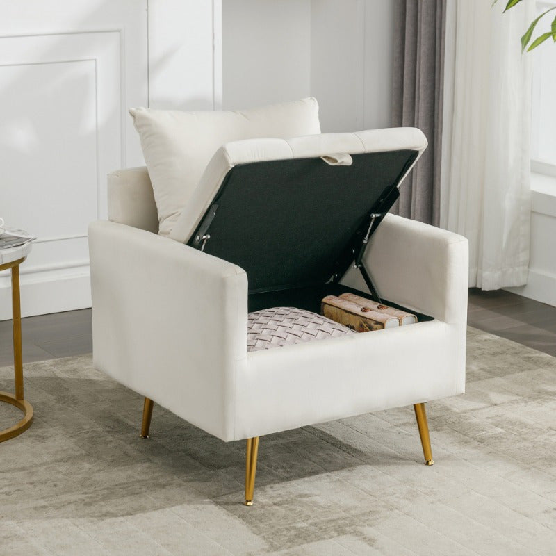 Single Sofa Chair with Storage Space and Decorative Cushions, Extra Large Upholstered Ottoman with Golden Legs, Modern Leisure Chair for Living Room, Bedroom, Office, Beige