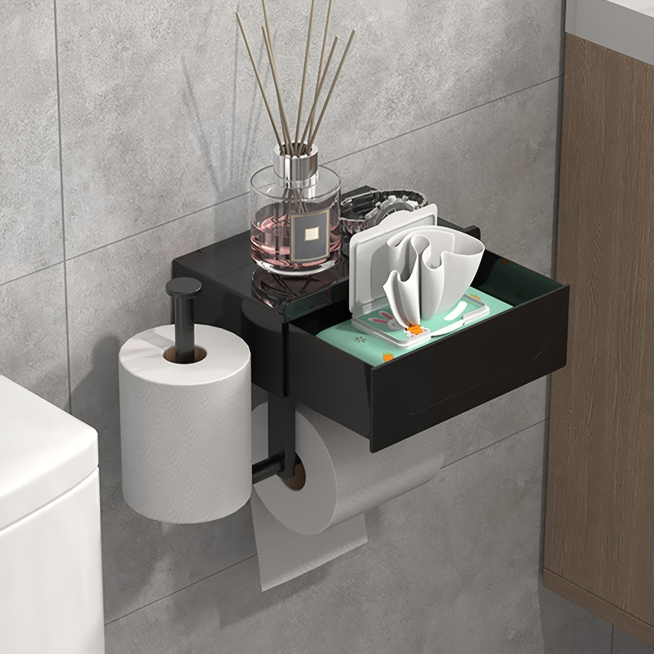 Easy-Install Black Toilet Paper Holder With Shelf - Wall-Mounted, No-Drill Bathroom Organizer For Tissues & Wipes