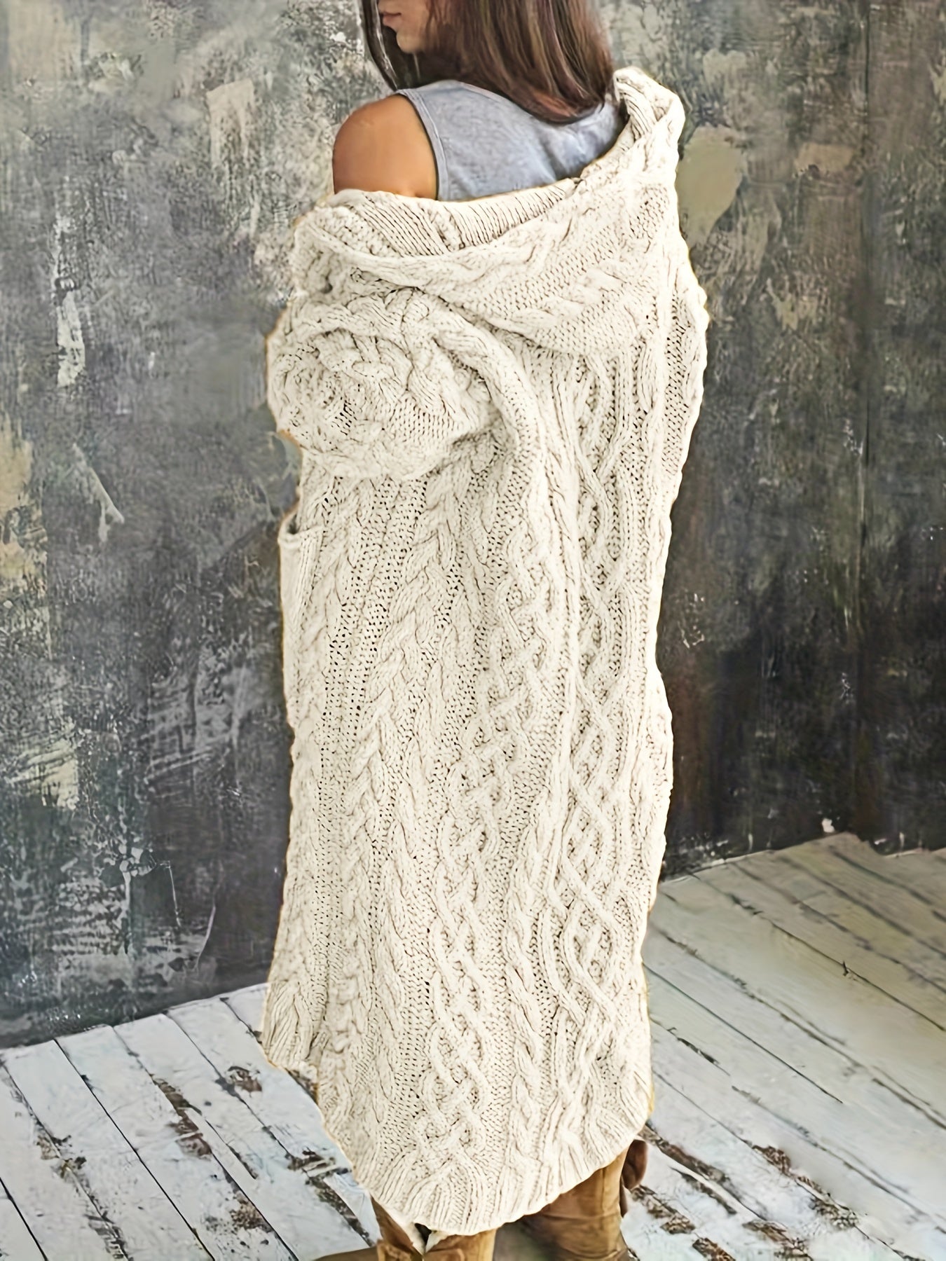 Chunky Knit Open Front Pocket Cardigan, Versatile Drop Shoulder Knitted Hooded Cardigan For Winter & Fall, Women's Clothing