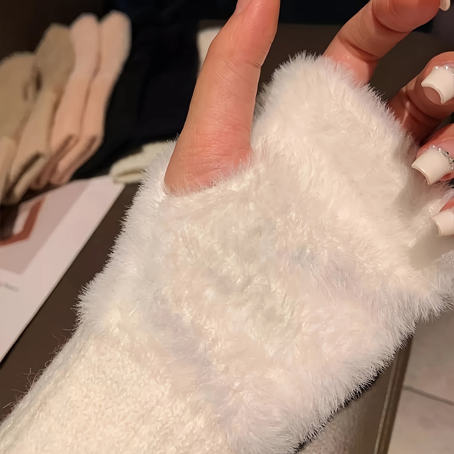 Simple Plush Splicing Knit Gloves Stylish Elegant Soft Warm Fingerless Gloves Autumn Winter Coldproof Elastic Wrist Cover