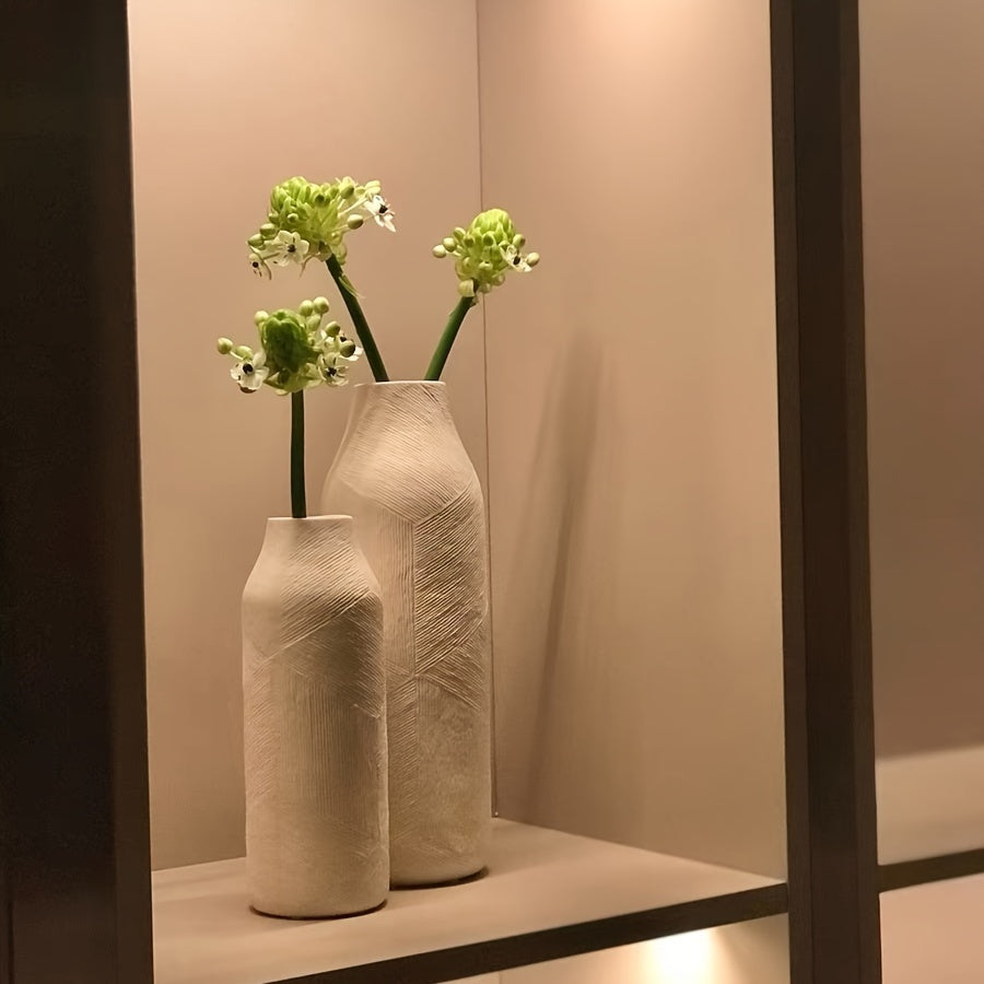 Set Of 2 White Ceramic Vases, Pampas Grass Decorative White Vase, Home Living Room Table Farmhouse Office Decoration (White)