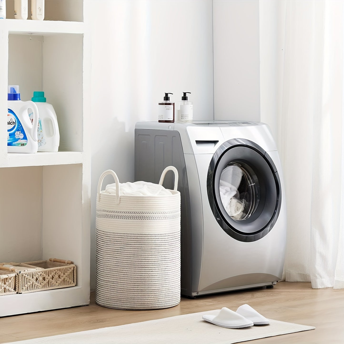 1pc Spacious 58L Woven Rope Laundry Hamper - Tall Boho Storage Basket for Blankets and Clothes, Perfect for Bedroom and Living Room Organization, Stylish and Space-Saving Solution for Laundry Day - Single Piece