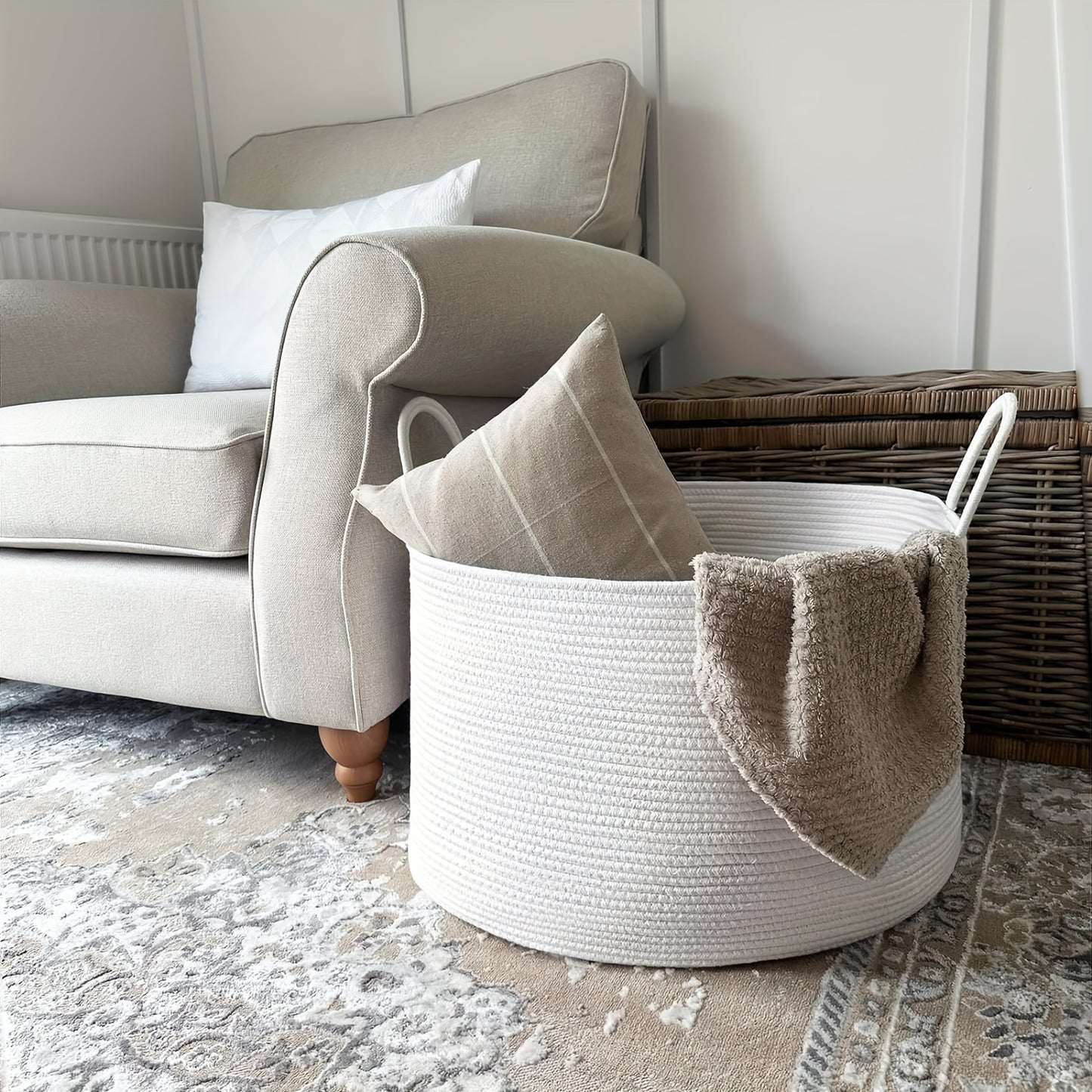 20x13 Large Woven Storage Basket - Classic, Open-Top Design for Organizing Towels, Pillows, Dirty Clothes, and Toys - Durable Fabric Construction, Convenient Handles, and Versatile for Bedroom, Dorm, and Home Decor