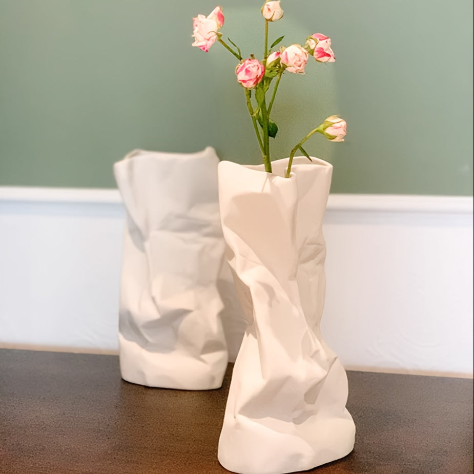 1pc Exquisite Ceramic Floral Vase - Unique Paper Bag Design with Irregular Pleats, Aesthetic Minimalist & Boho Style - Perfect Modern Trendy Home Decor for Living Room Table Centerpieces, Durable & Easy to Clean